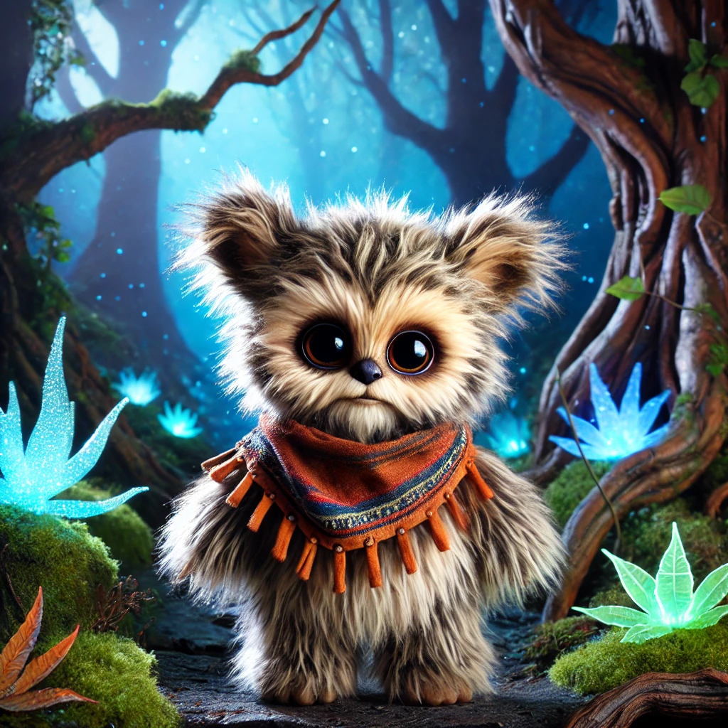 Fluffy wide-eyed creature wearing a fringed orange scarf, standing among glowing blue plants at night