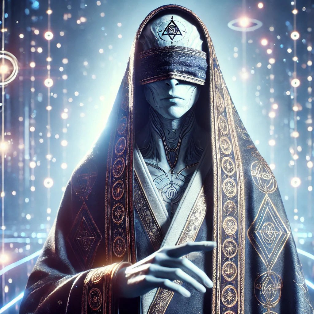 Pale blindfolded figure in embroidered robes reaching out, bokeh starlight filling the blue background