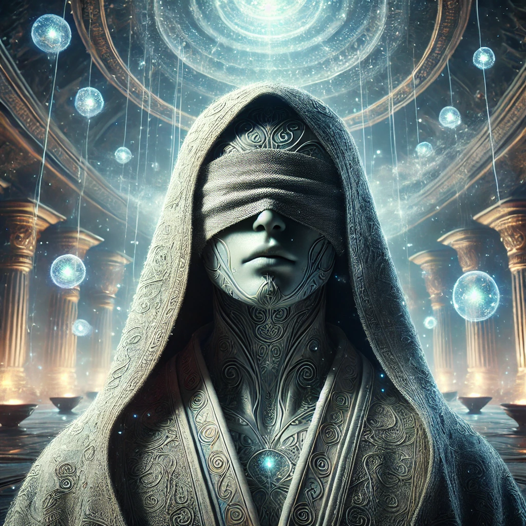 Blindfolded hooded figure in patterned robes inside a pillared hall with floating glowing orbs