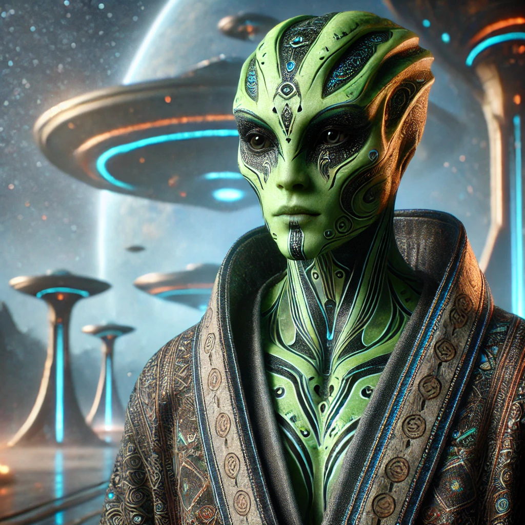 Green-skinned alien with black facial markings in an embroidered robe, saucer ships hovering behind