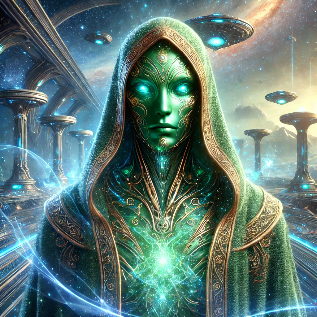 Hooded green figure with glowing turquoise eyes and gold facial swirls, light blooming at the chest