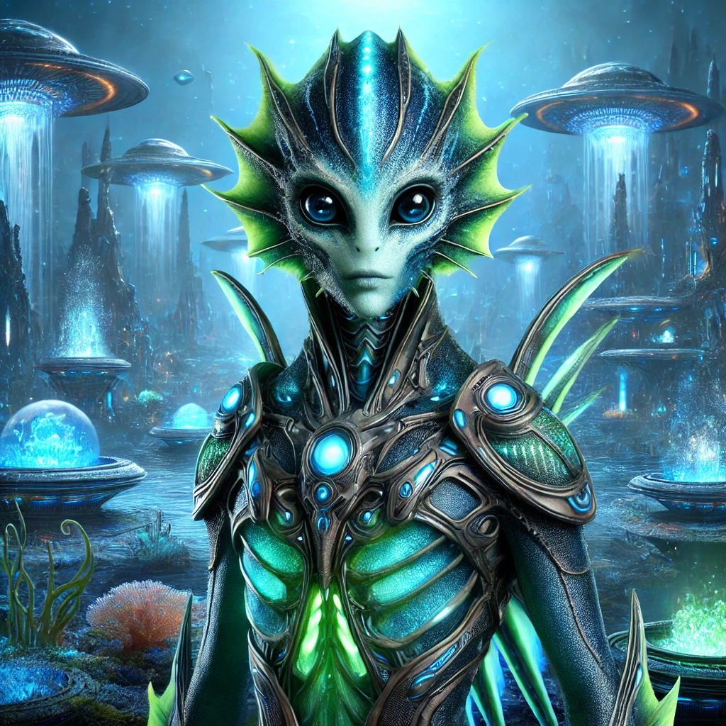 Pale finned alien in green and blue glowing armour among domed craft in murky water