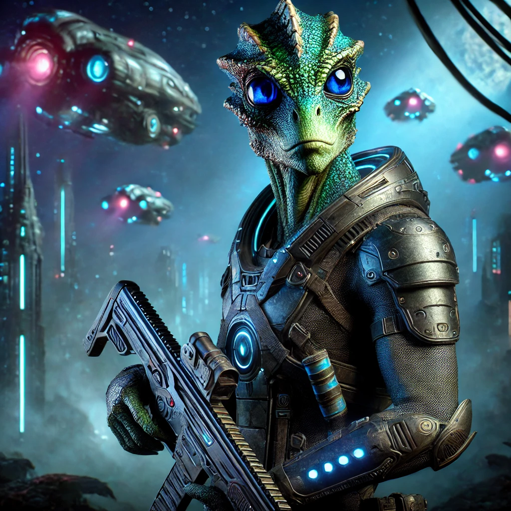 Green scaled reptilian alien in battered armour holding a rifle, ships hovering over a night city