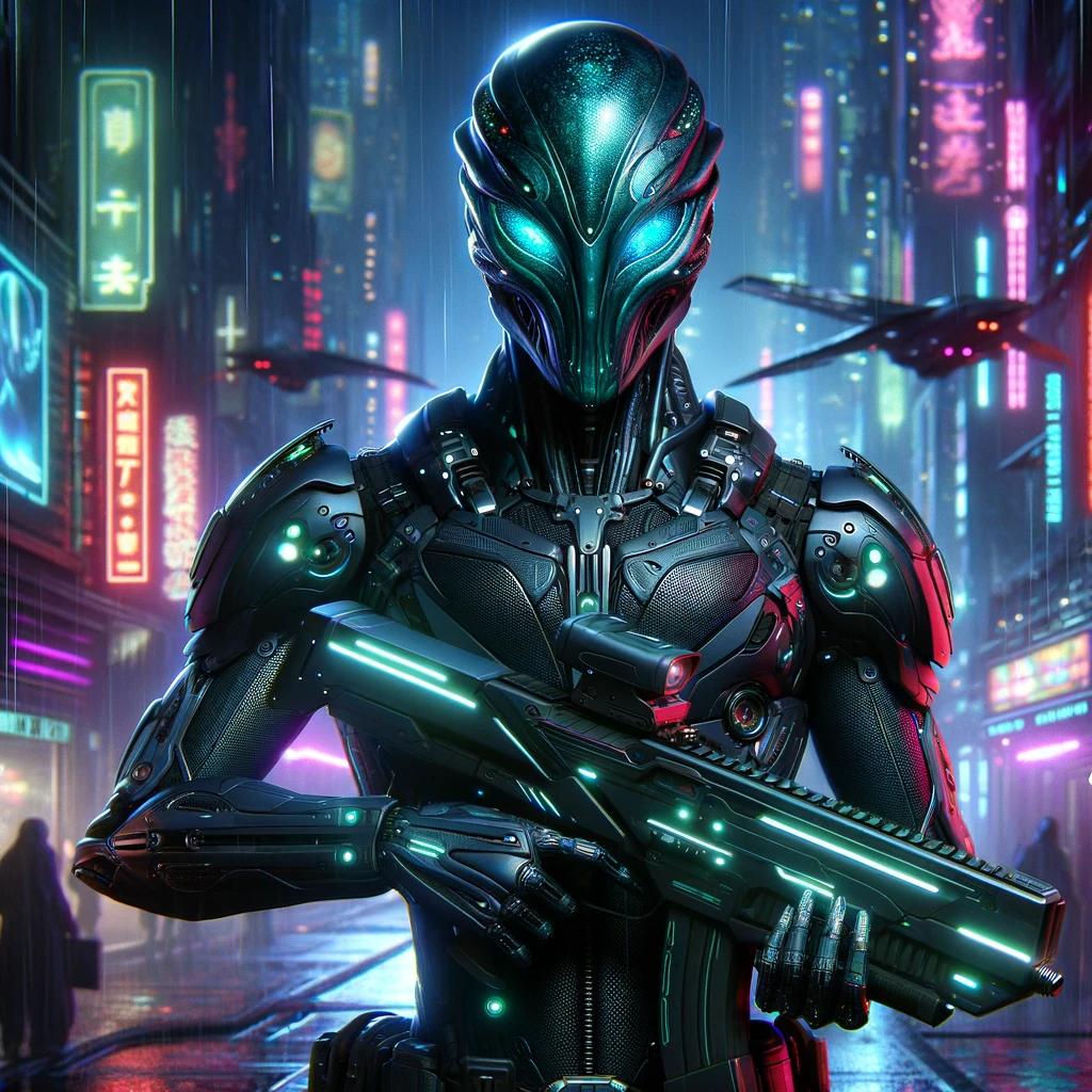 Teal-eyed alien in black armour cradling a green-glowing rifle on a rainy neon street