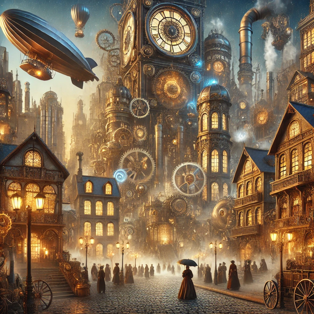 Victorian brass clock tower and airship above a gaslit cobbled street with strolling figures at dusk