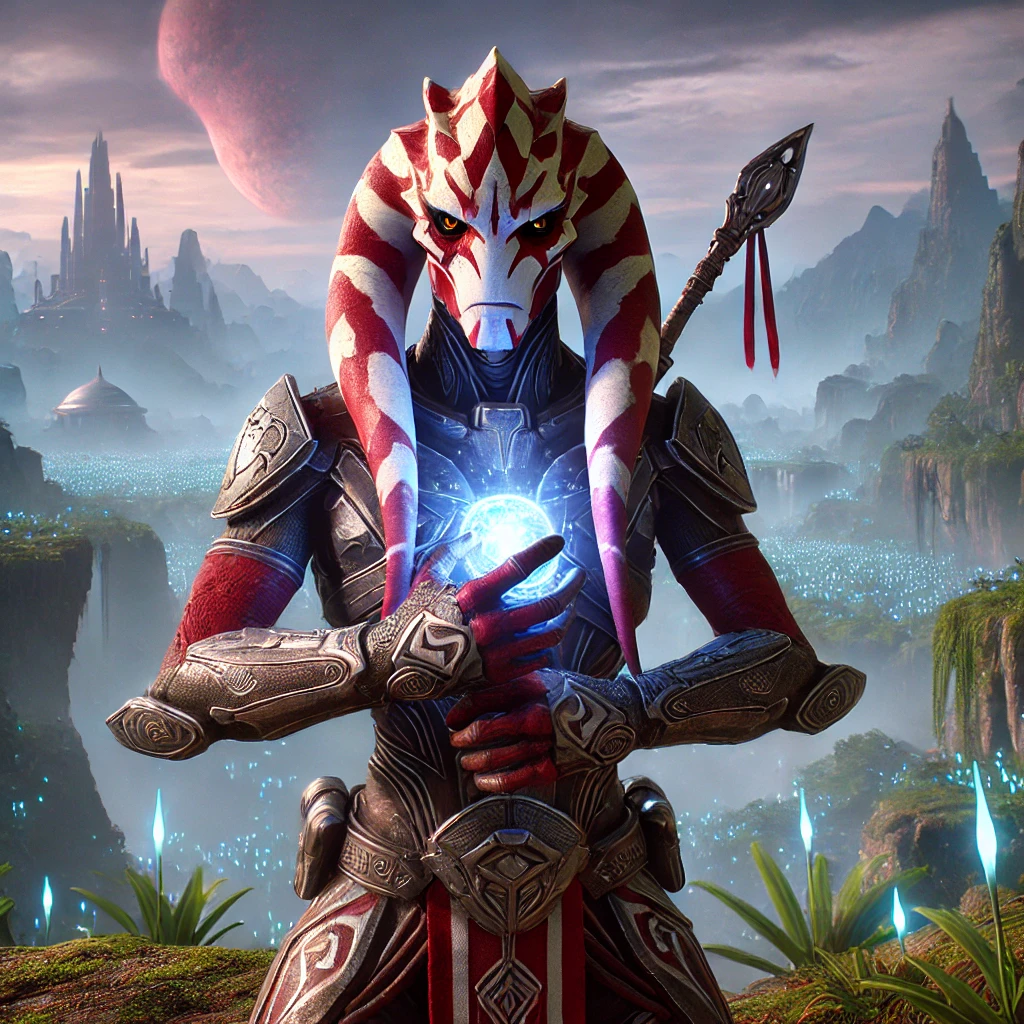 Armoured alien with striped red and white head-tails cradling a glowing blue orb above a misty valley