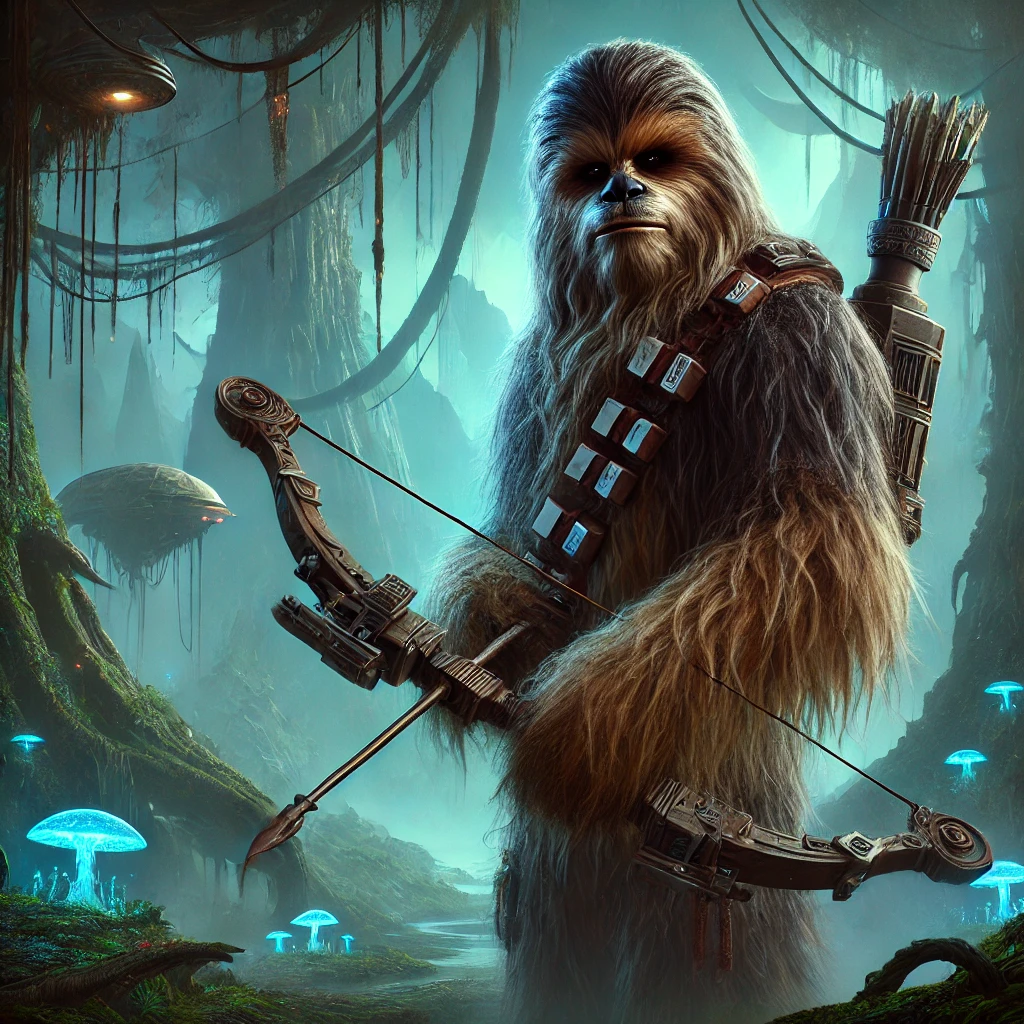 Tall shaggy brown-furred alien wearing a bandolier and quiver, holding an ornate bow in a misty teal forest