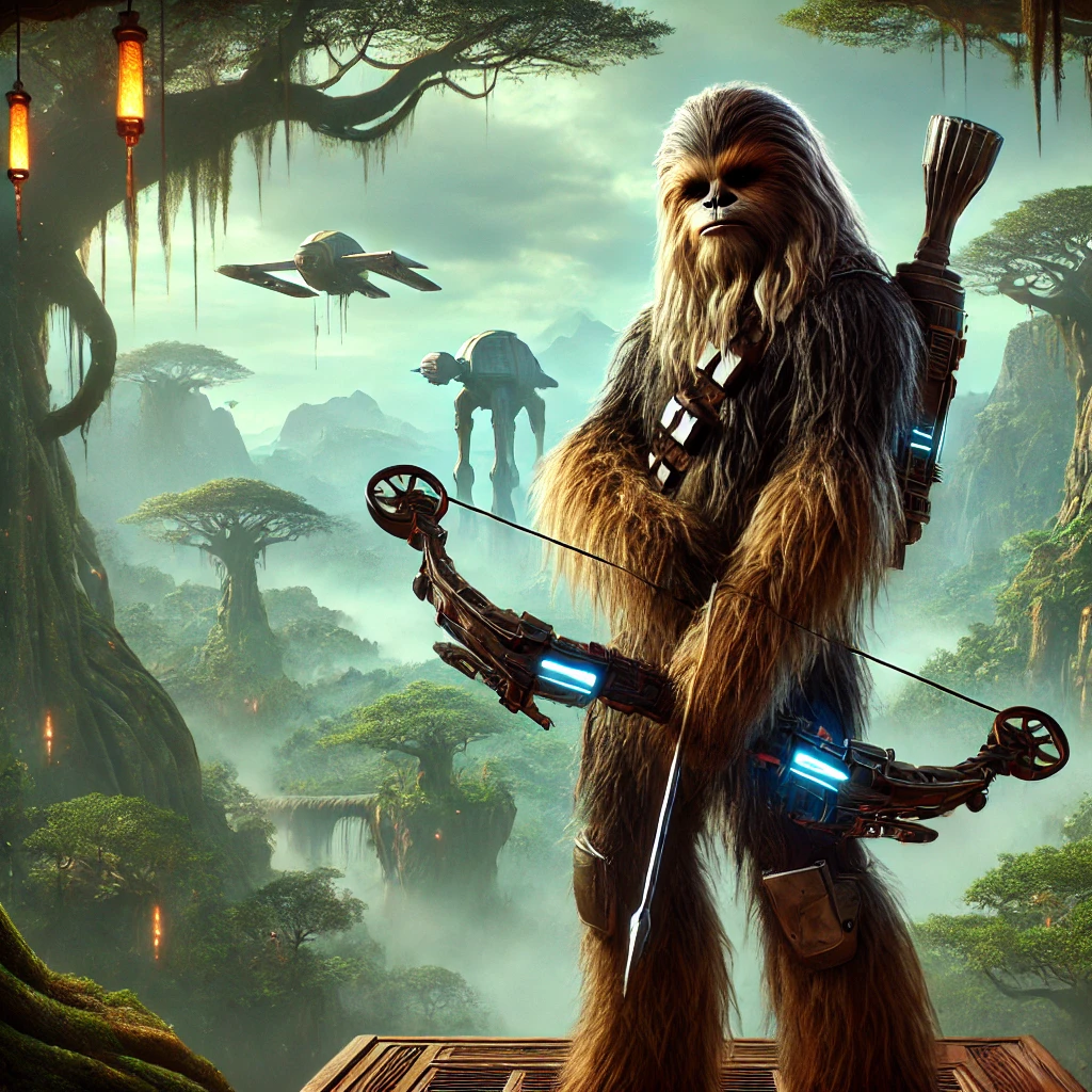 Long-haired furred alien on a wooden platform, gripping a blue-lit bow above a foggy jungle canopy