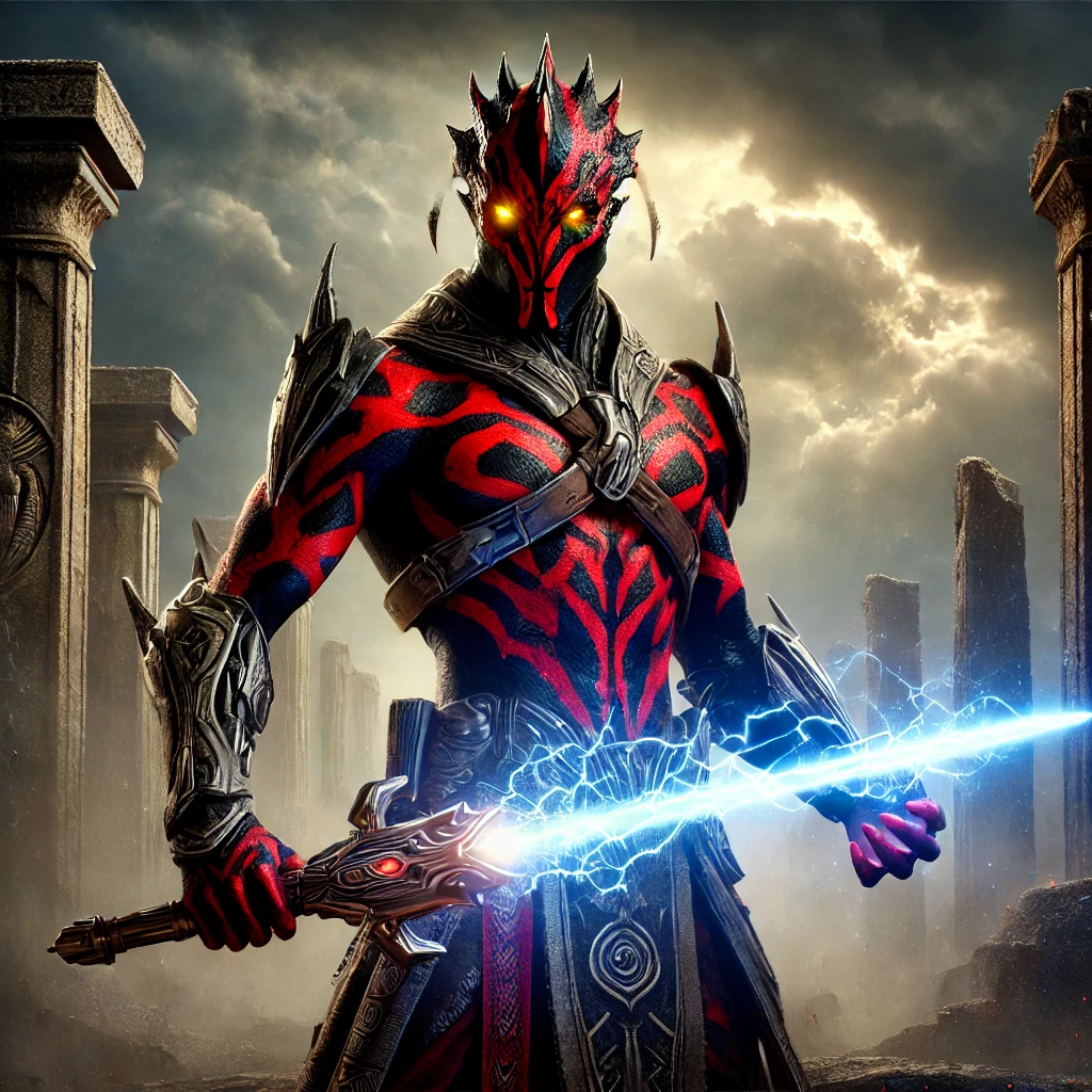 Horned red-and-black warrior in dark armour holding a crackling blue energy blade among stone ruins